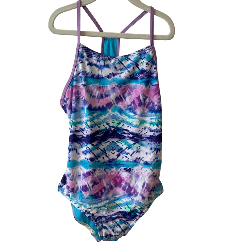 NWT Speedo Girl's Purple Tie Dye Racerback One Piece Swimsuit in Size L